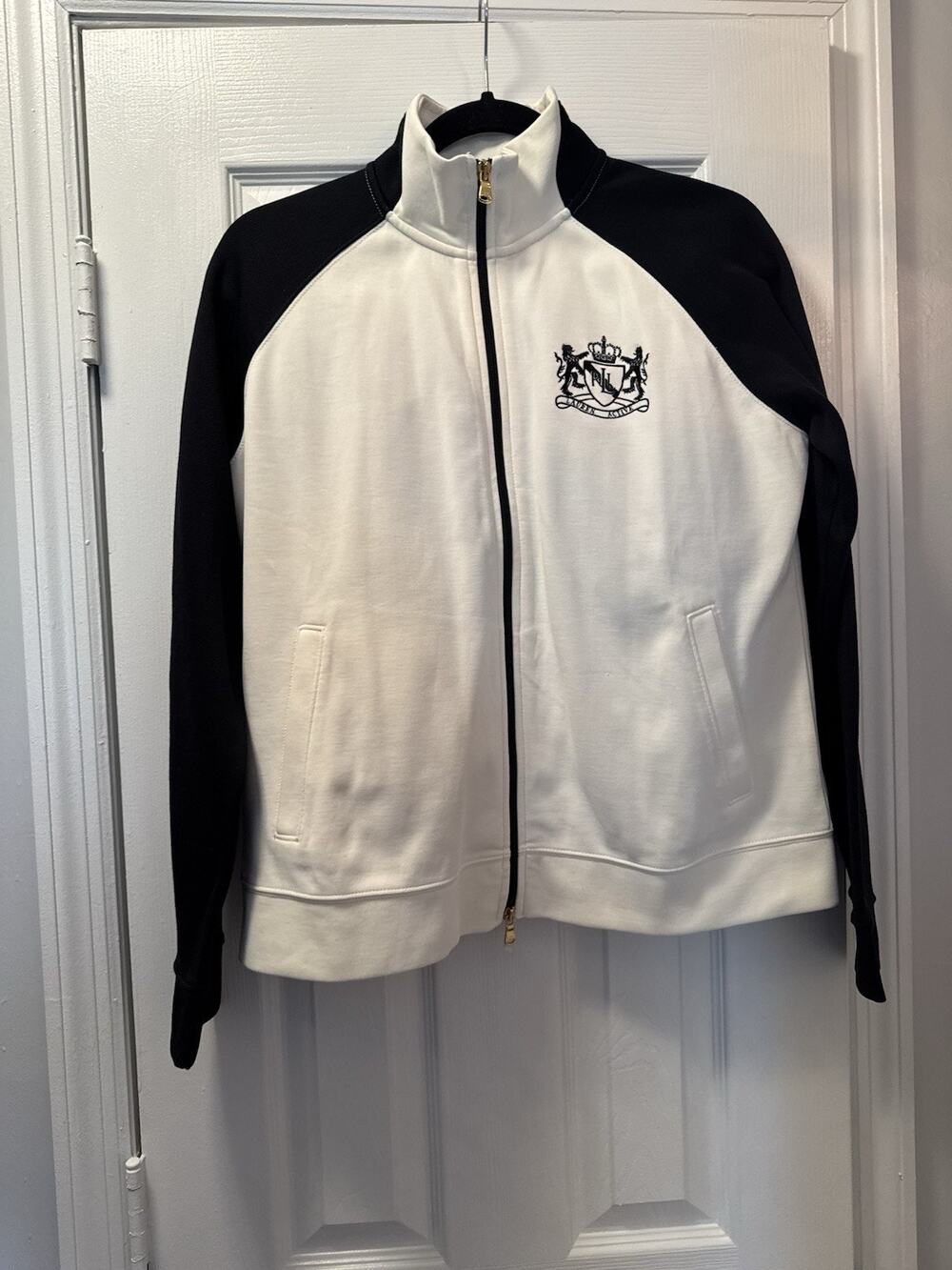 Lauren Ralph Lauren Zip Up Jacket Crest Cream Black Women's Large Ivory